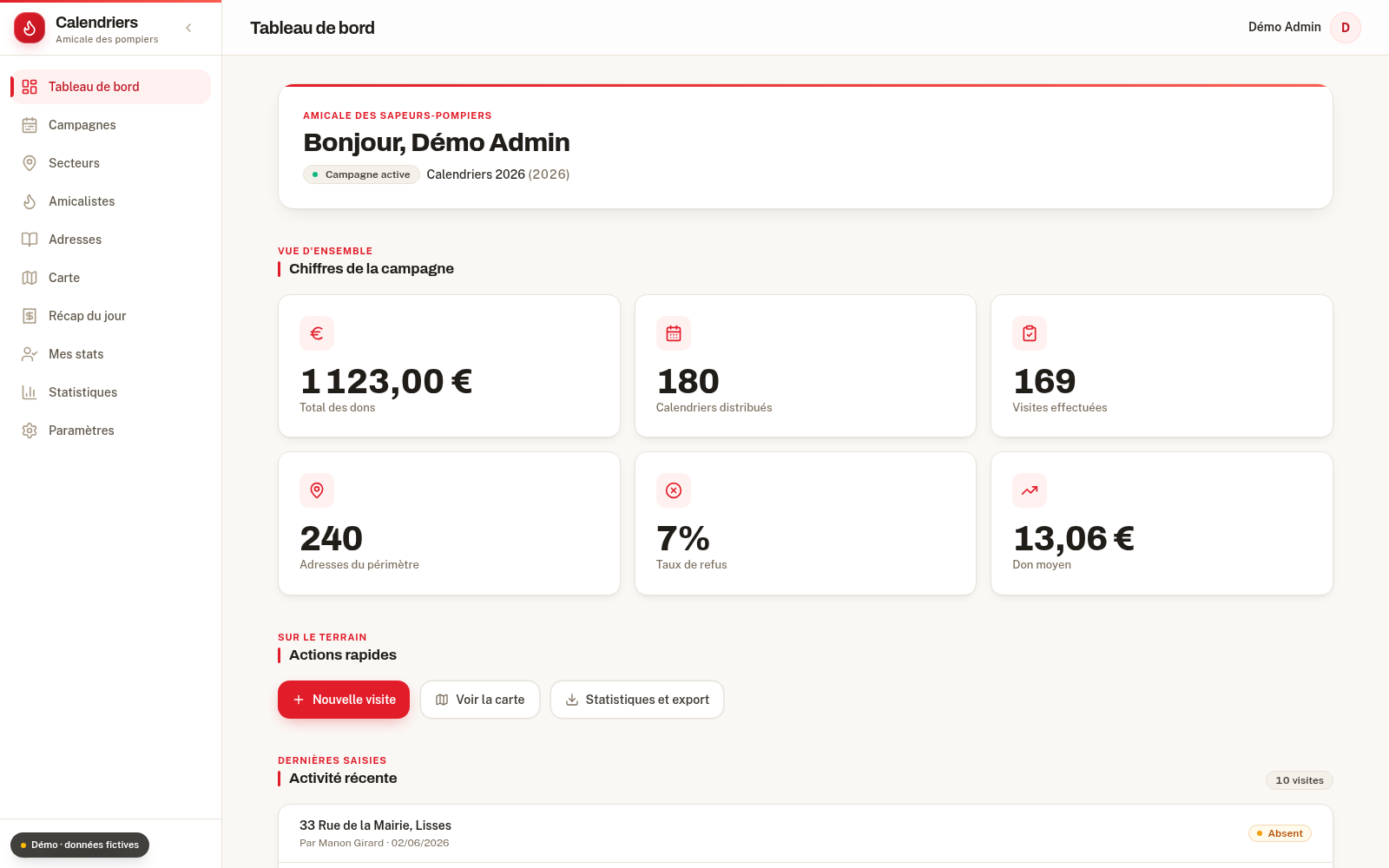 Aperçu de l'application Calendriers Amicale sur ordinateur