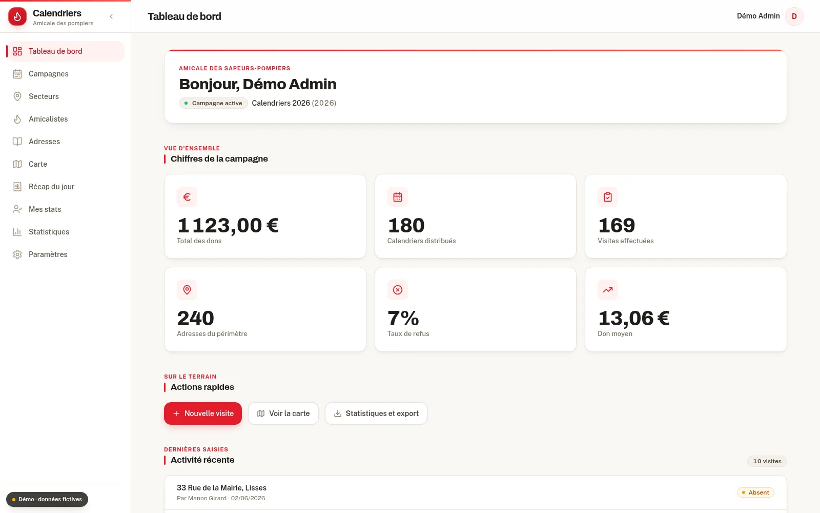 Aperçu de l'application Calendriers Amicale sur ordinateur